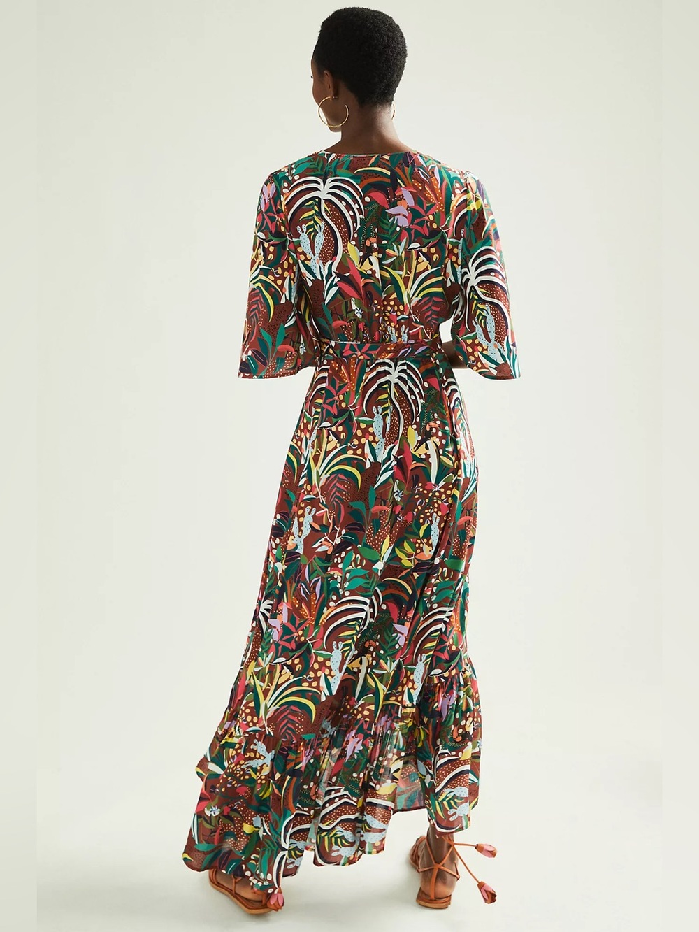NWT Farm Rio Fiesta Wrap Maxi Dress Boho Ruffle Jungle Animal Red Brown S Small - Picture 3 of 8